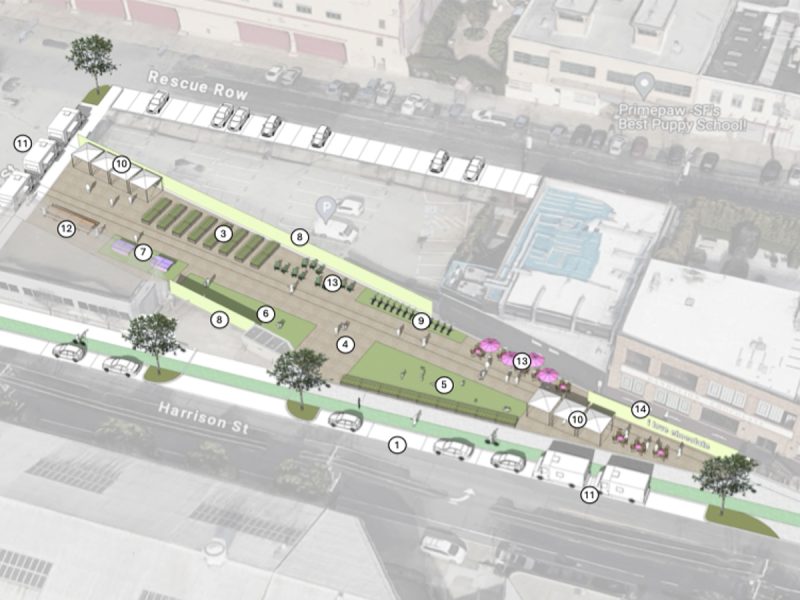 Aerial view of a planned urban park with numbered sections, green spaces, pathways, benches, and shaded areas. Buildings surround the park labeled Rescue Row and Harrison St.